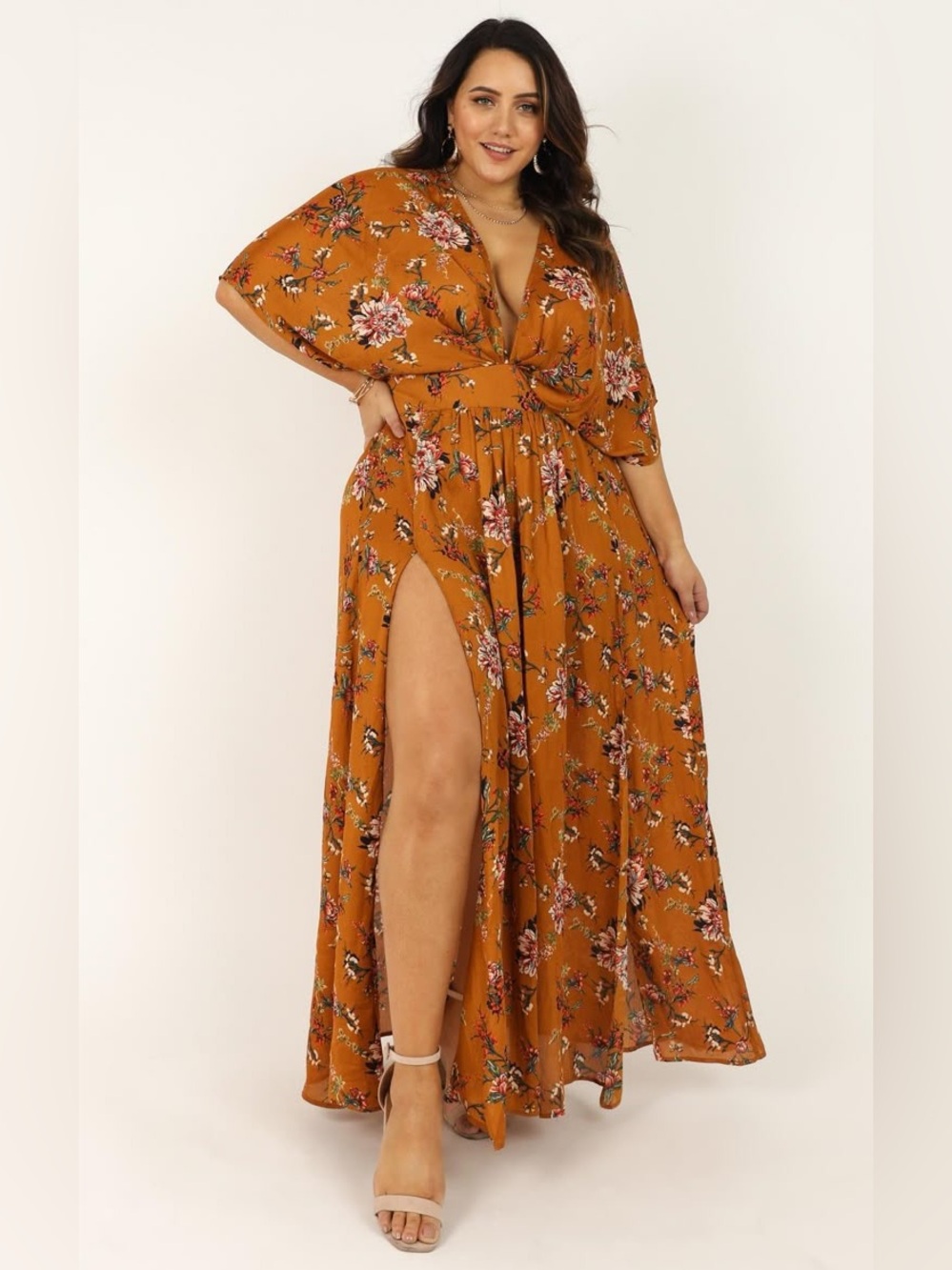 Showpo Vacay Ready Maxi Dress Mustard Floral Size 16 Plunging V Neck Boho Maxi